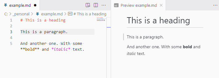 Example Markdown document and its preview